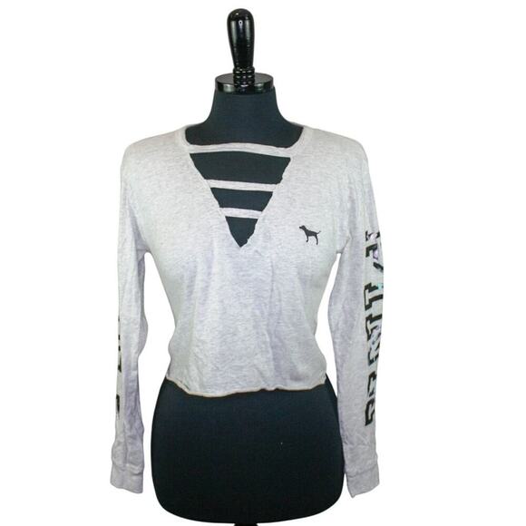 PINK Victoria's Secret Long Sleeve Crop Top Distressed Strappy V Neck - Picture 1 of 4